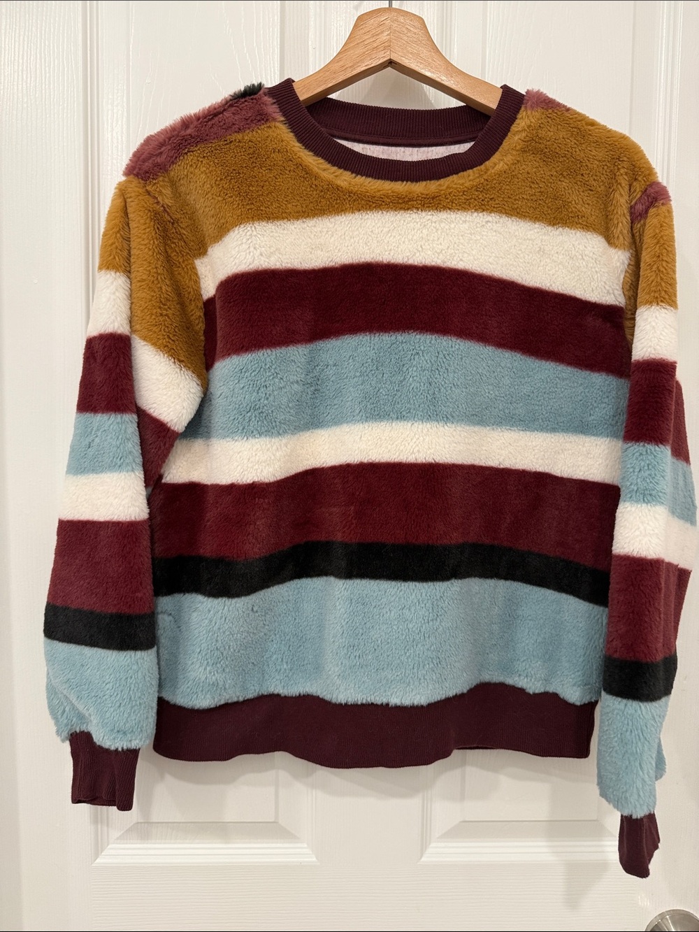Lou & Grey Plush Striped Crewneck Sweater - Burgundy, Mustard & Light Blue-NWOT